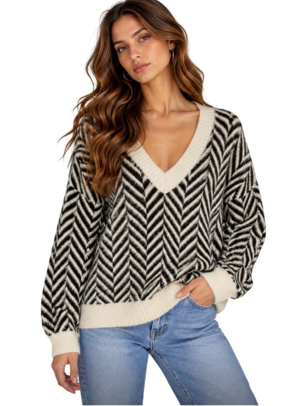 Stella & Lorenzo fuzzy chevron V-neck sweater  - Size S